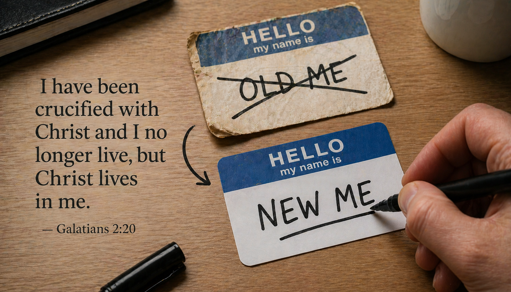Old name tag being replaced with new one, identity swap, old name crossed out new name written, office desk pen, text I have been crucified with Christ I no longer live Galatians 2:20 -- HD wallpaper